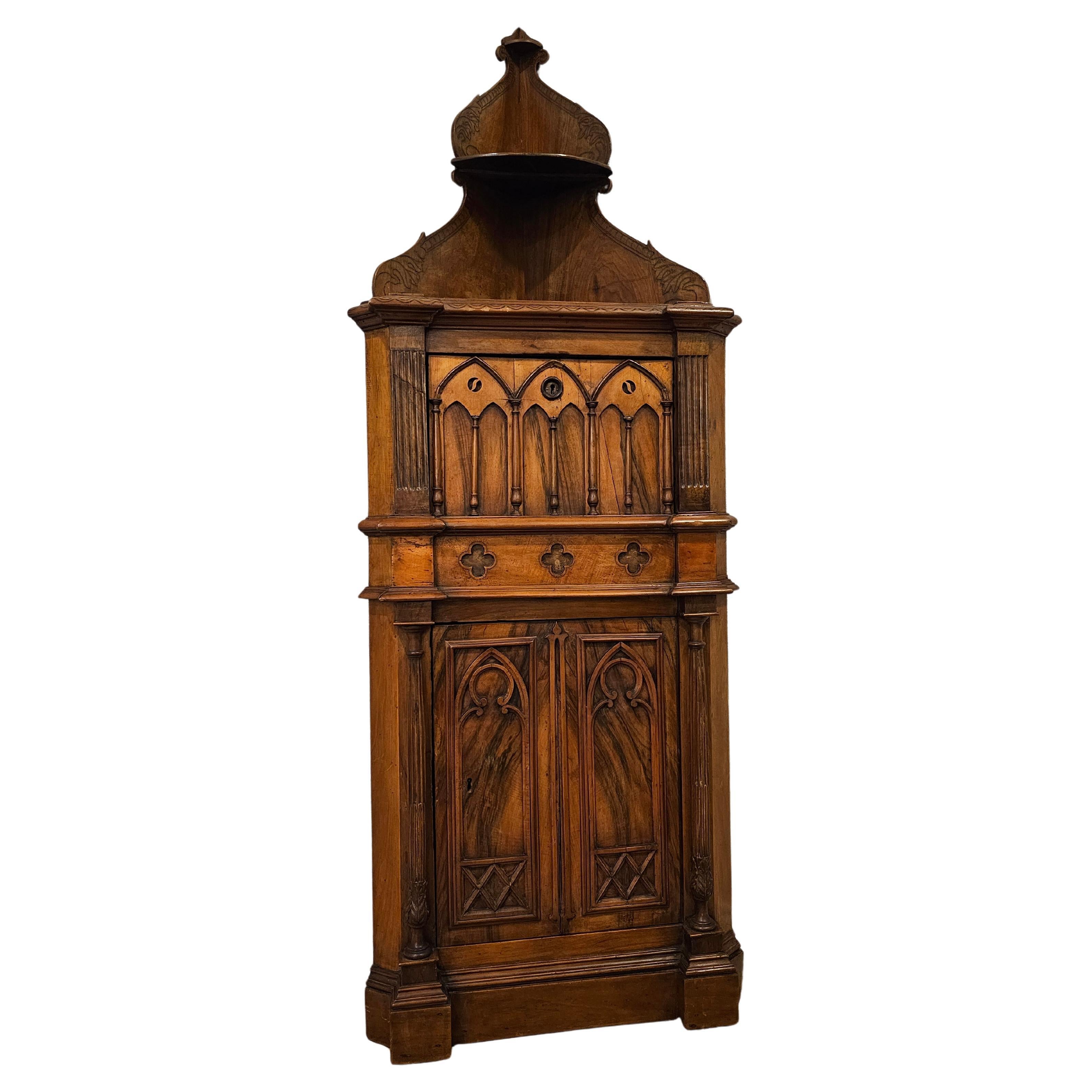 Antique French Gothic Revival Carved Burled Walnut Corner Cabinet