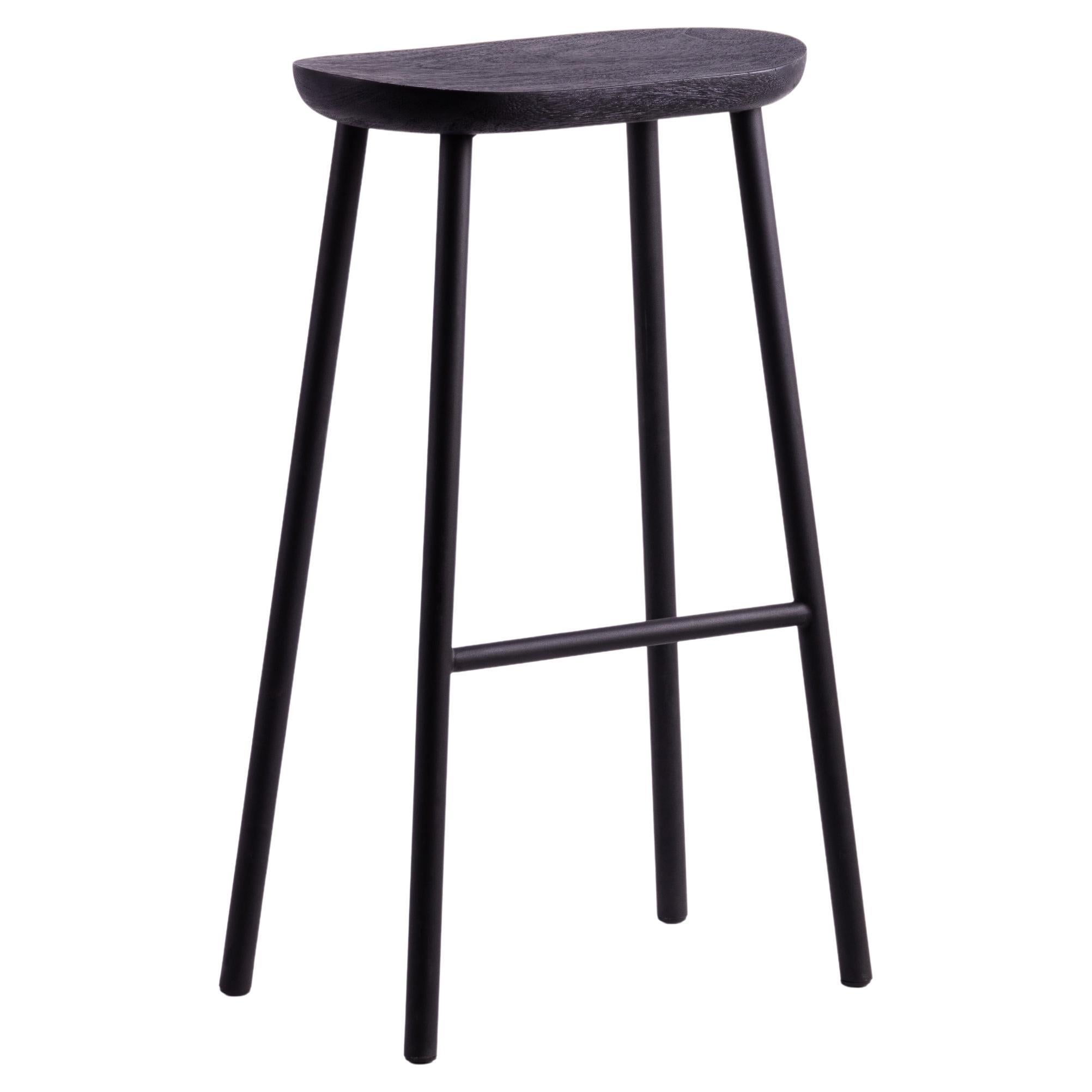 Buacheen, Rough Black Monkey Pod Wood Bar Stool with Black Powder Iron Legs