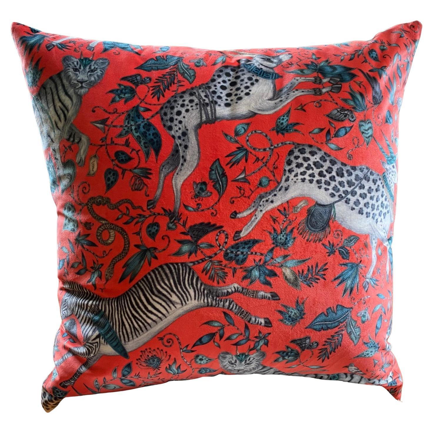 Coral Red and Teal Jungle Scene Velvet Decorative Pillow with Contrasting Teal