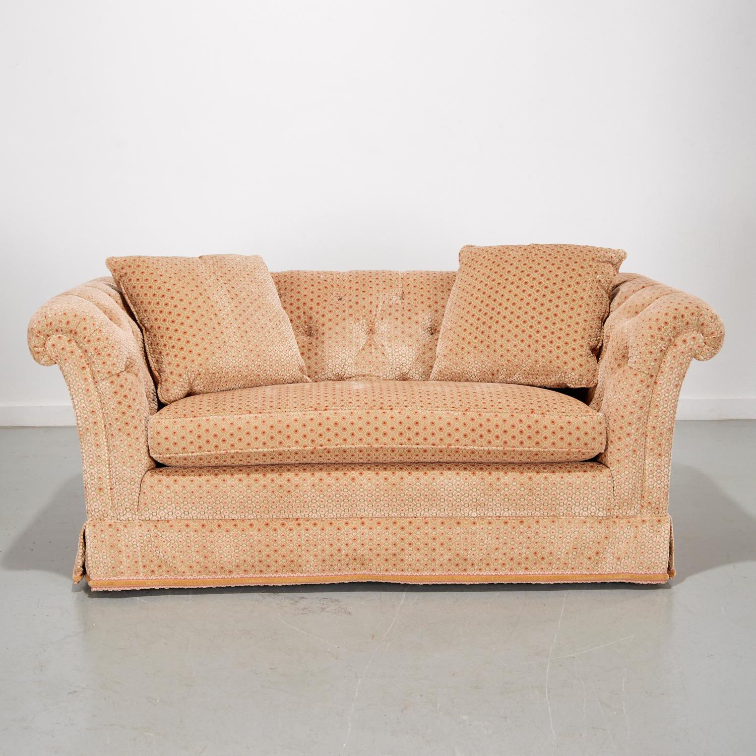American Classical Brunschwig & Fils Custom Piedmont Tufted Loveseat in Geometric Velour Fabric For Sale