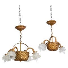 Two Belle Époque Style Gilt-Metal Flower Basket Chandeliers, circa 1930