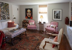 Pair of French Louis XV-Style Beechwood Bergères in Red-and-White Stripes