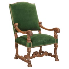 19th-Century Louis XIV-Style Carved Walnut Fauteuil in Green Silk Velvet
