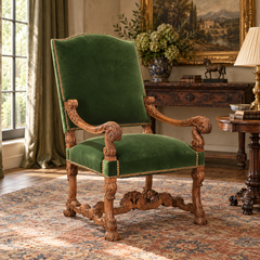 19th-Century Louis XIV-Style Carved Walnut Fauteuil in Green Silk Velvet