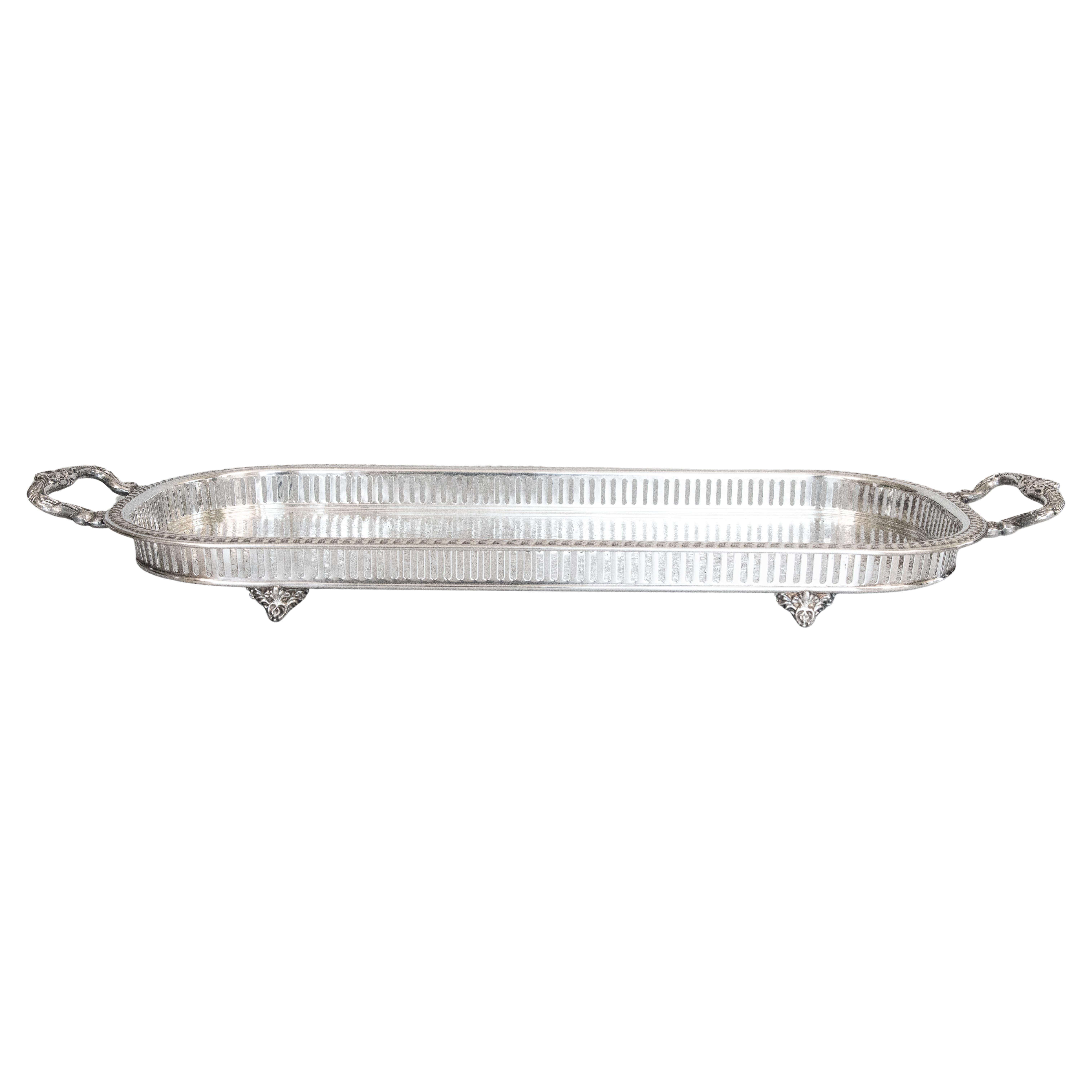 Silver Plate Oblong Footed Gallery Tray With Handles, circa 1950 For Sale