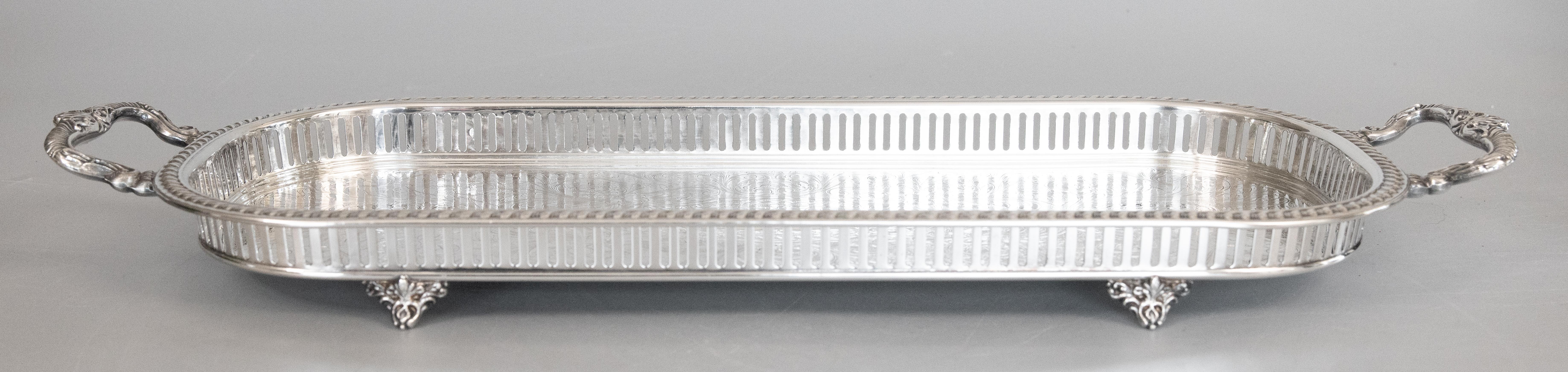 American Silver Plate Oblong Footed Gallery Tray With Handles, circa 1950 For Sale
