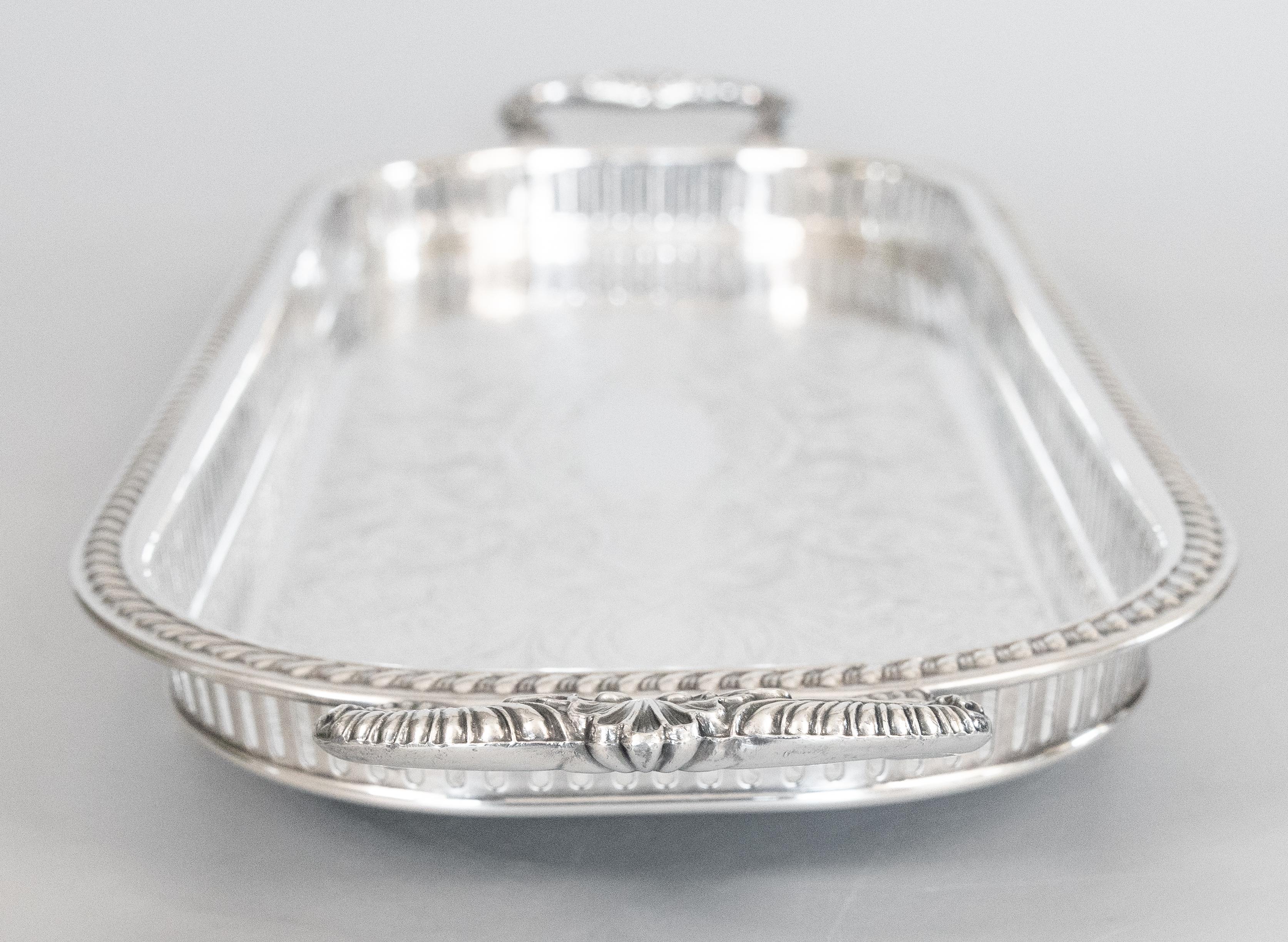Silver Plate Oblong Footed Gallery Tray With Handles, circa 1950 In Good Condition For Sale In Pearland, TX