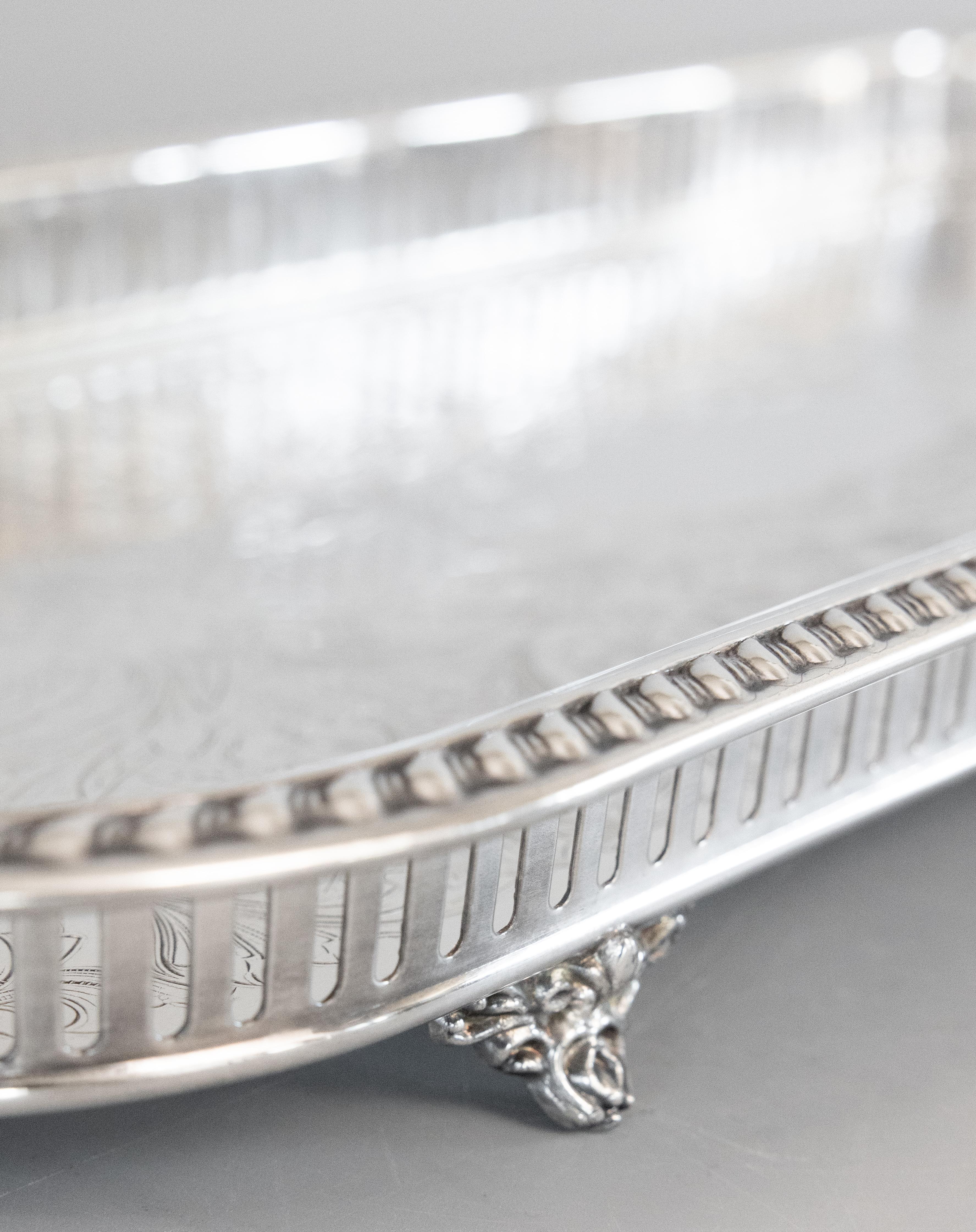 20th Century Silver Plate Oblong Footed Gallery Tray With Handles, circa 1950 For Sale