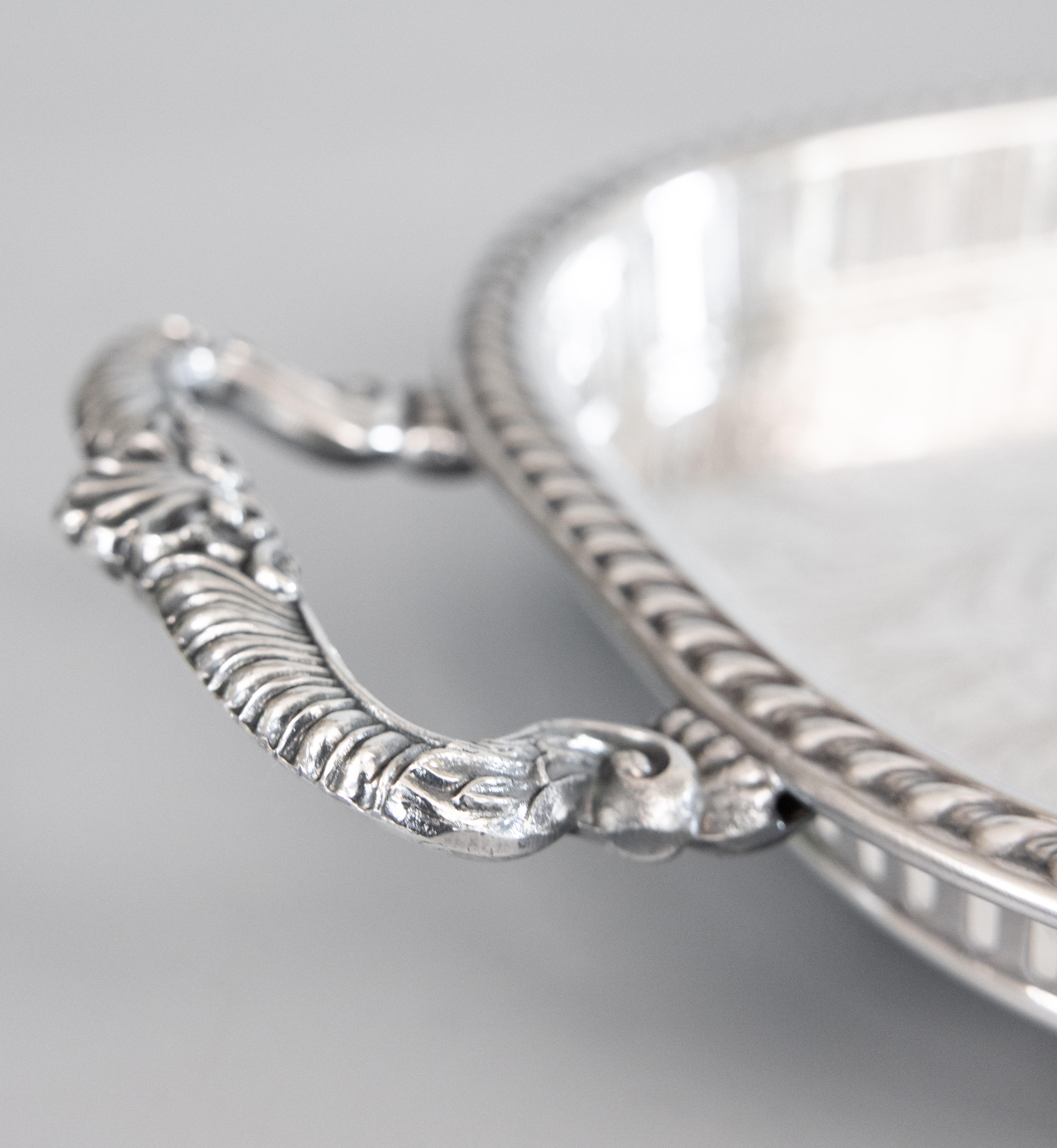 Silver Plate Oblong Footed Gallery Tray With Handles, circa 1950 For Sale 1