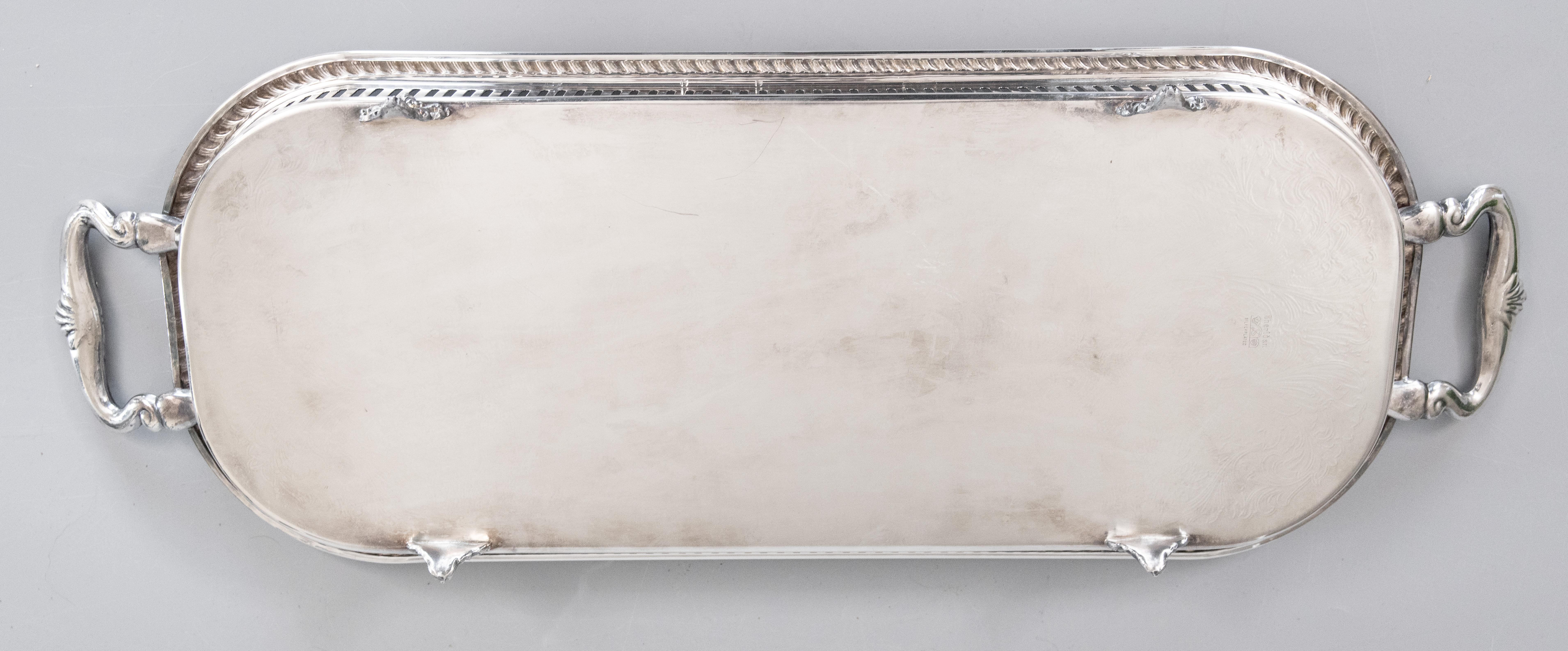 Silver Plate Oblong Footed Gallery Tray With Handles, circa 1950 For Sale 2