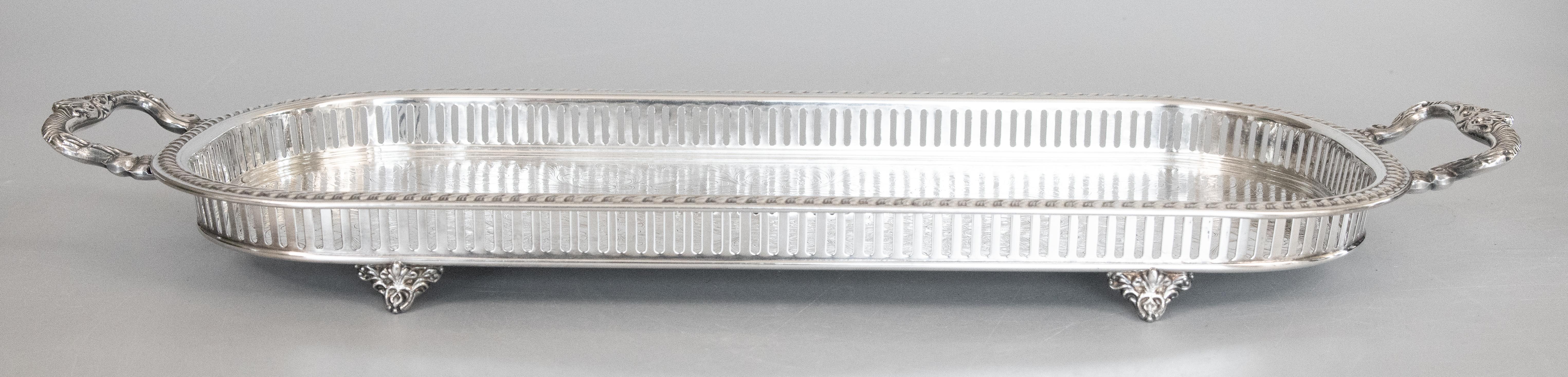 Silver Plate Oblong Footed Gallery Tray With Handles, circa 1950 For Sale 4