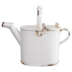 Antique French White Enamelware Watering Can Hot Water Jug, circa 1920