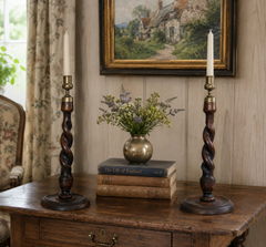 Pair of Tall Antique English Barley Twist Oak Candlesticks, circa 1910