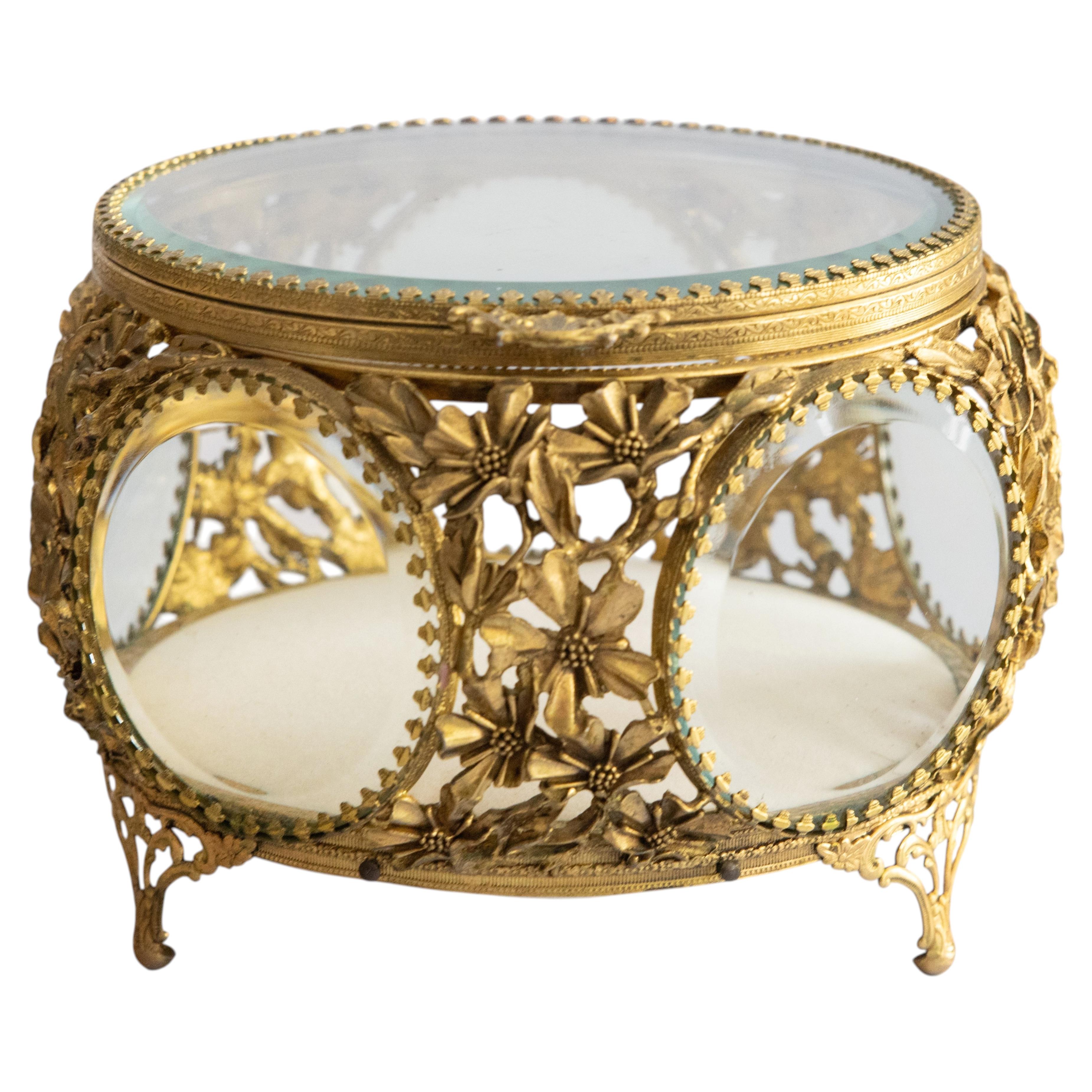 Antique French Ormolu Beveled Glass Jewelry Dresser Box