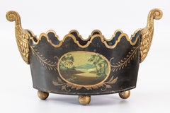 19th Century Neoclassical French Tole Black and Gilt Cache Pot Jardiniere