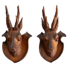 Pair of Antique Black Forest Carved Deer Head Trophy Plaques, Circa 1900