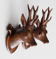 Pair of Antique Black Forest Carved Deer Head Trophy Plaques, Circa 1900