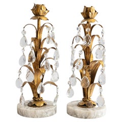 Pair of Italian Gilt Tole & Crystals Candlesticks on Marble Bases, circa 1950