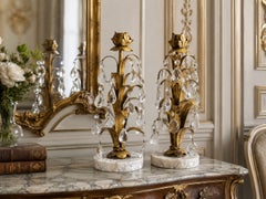 Pair of Italian Gilt Tole & Crystals Candlesticks on Marble Bases, circa 1950