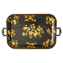 Antique English Chinoiserie Hand Painted Black & Gilt Birds Floral Tole Tray
