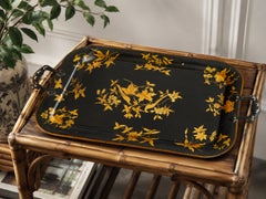 Antique English Chinoiserie Hand Painted Black & Gilt Birds Floral Tole Tray
