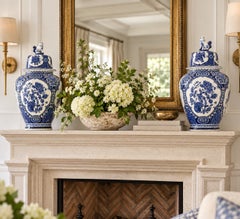 Pair of Large Mid-20th Century Dutch Delft Lidded Ginger Jars Mantel Vases