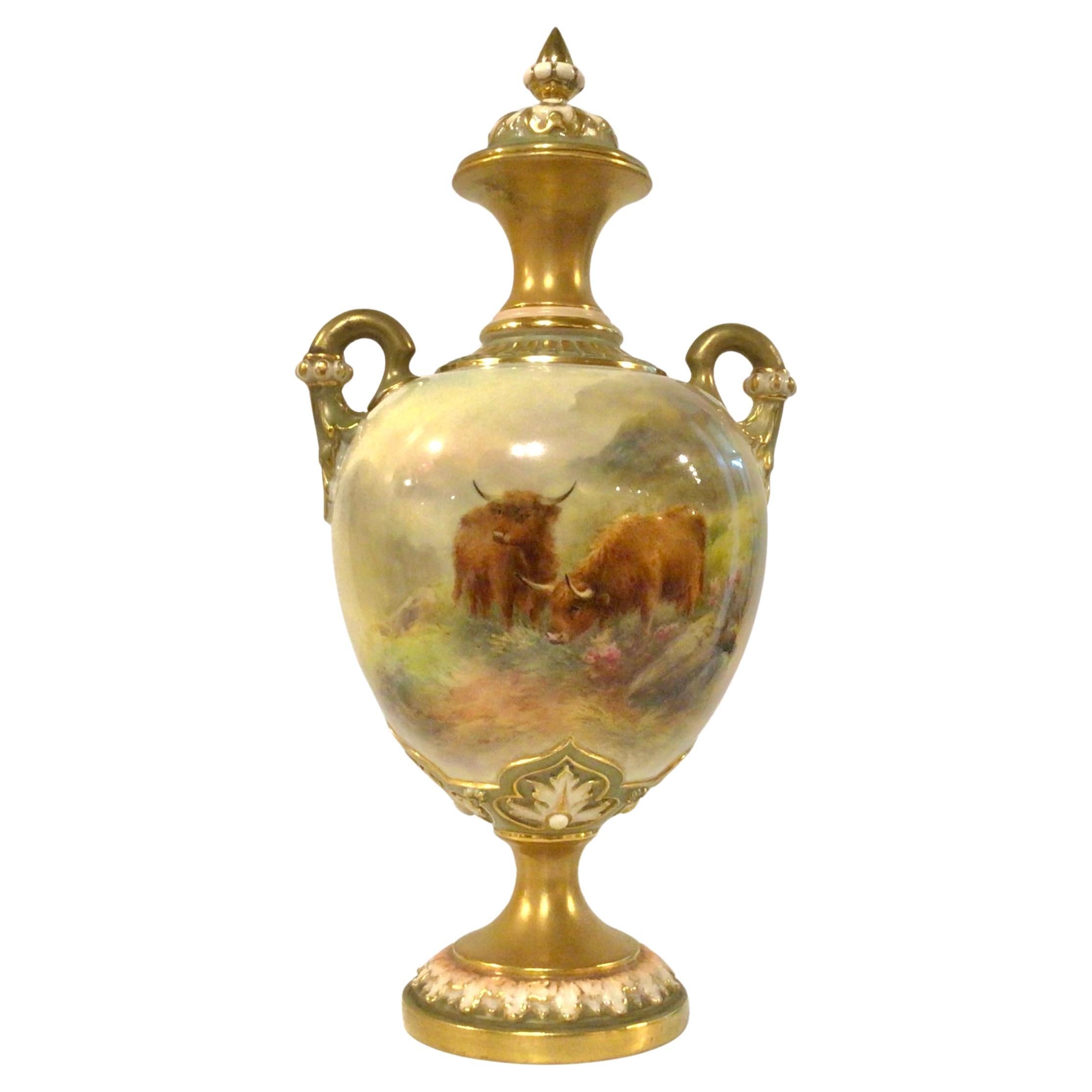Antique Royal Worcester Harry Stinton Highland Cattle Vase