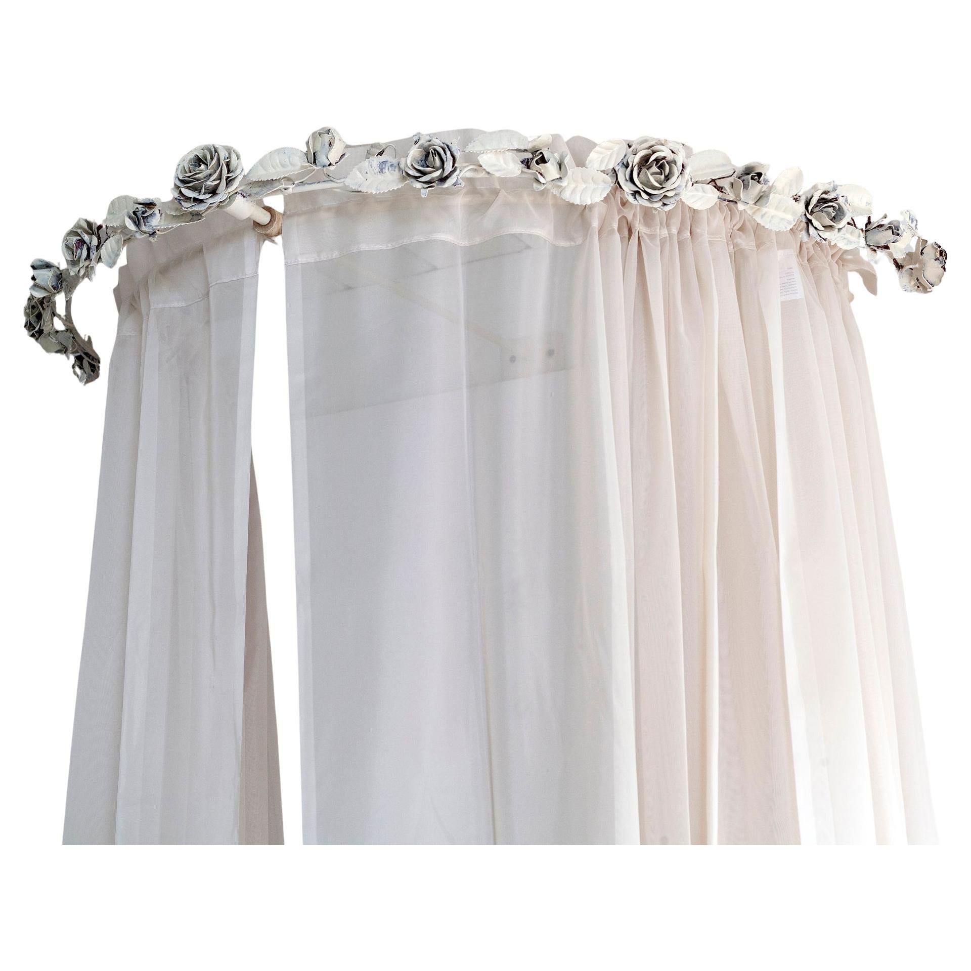 Romantic handmade iron crown of flowers & leaves with curtain rod.
Mount over a bed or settee.