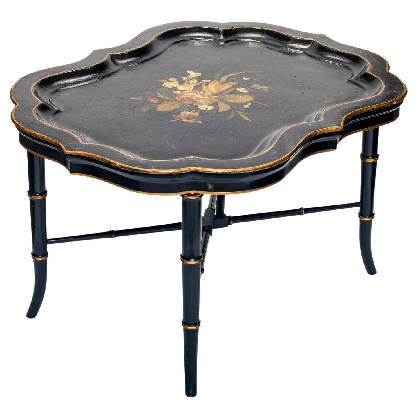 Antique Ebony Tray Table with Glass Top- 3 Pieces For Sale