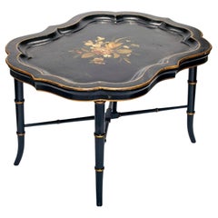 Antique Ebony Tray Table with Glass Top- 3 Pieces