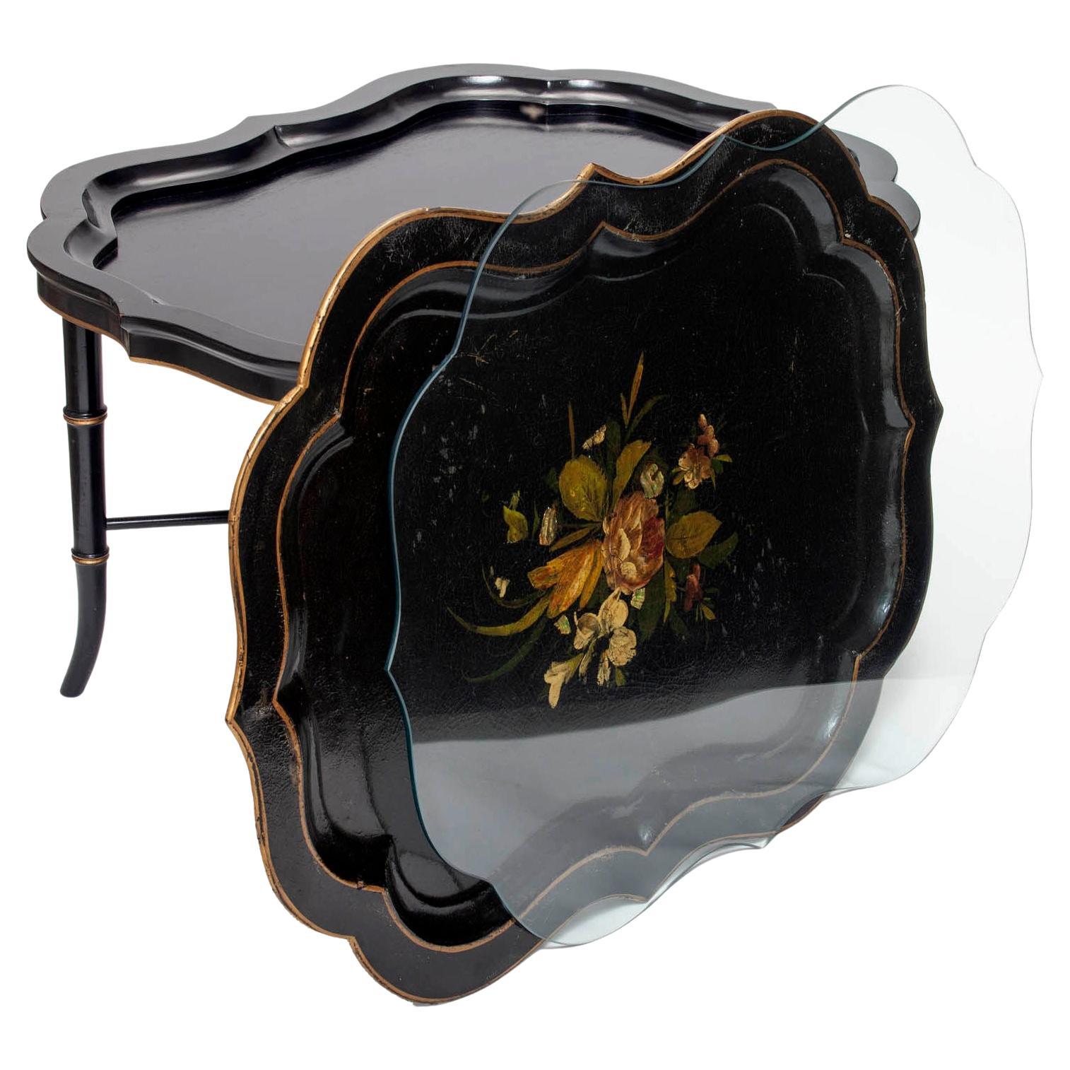 Antique Ebony Tray Table with Glass Top- 3 Pieces