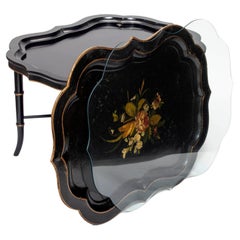 Antique Ebony Tray Table with Glass Top- 3 Pieces