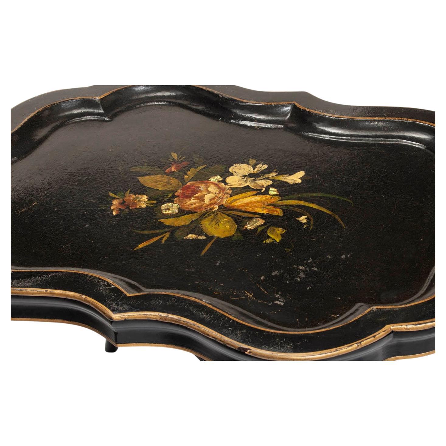 Provincial français Table à plateau ancien en ébène avec plateau en verre - 3 pièces en vente