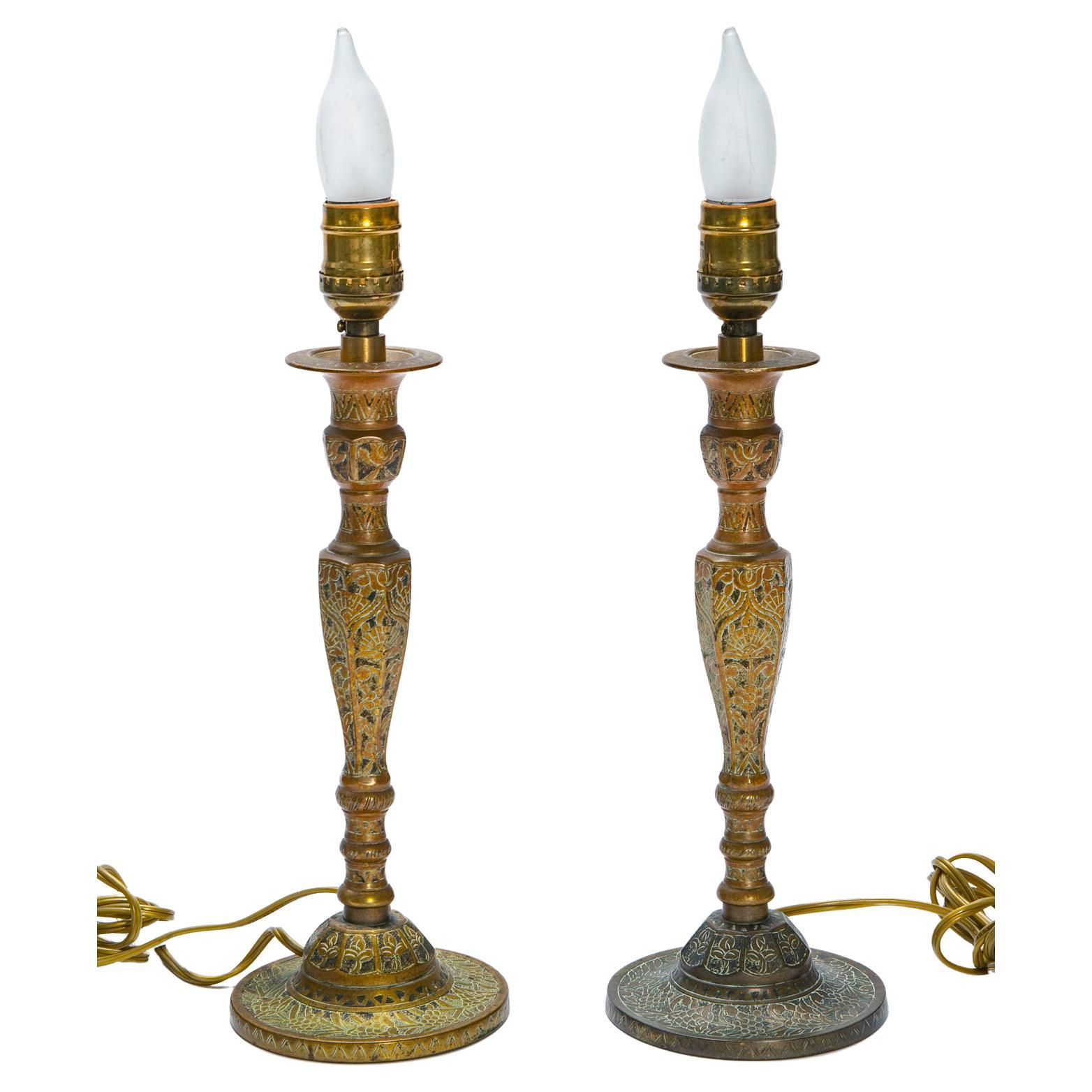 Solid Brass Candlestick Table Lamps w/ Triangular Base 'Pair' For Sale at 1stDibs