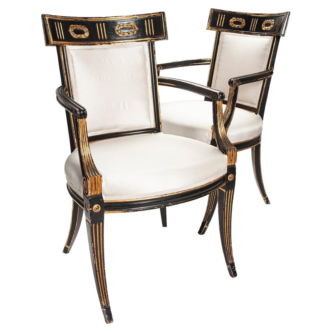 Early 19th Century Hand Painted & Gilt Italian Regency Armchairs in Silk; a Pair