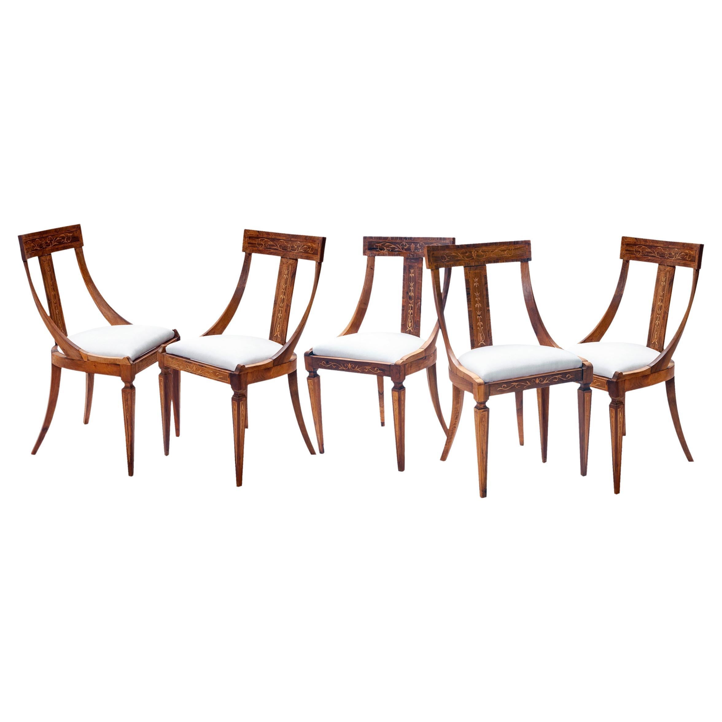19th C European Biedermeier Inlaid Dining Chairs / Linen Seats Set of 5