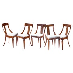 19th C European Biedermeier Inlaid Dining Chairs / Linen Seats Set of 5