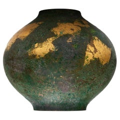 Japanese Bronze Patinaed Green & Gold Leaf Pot