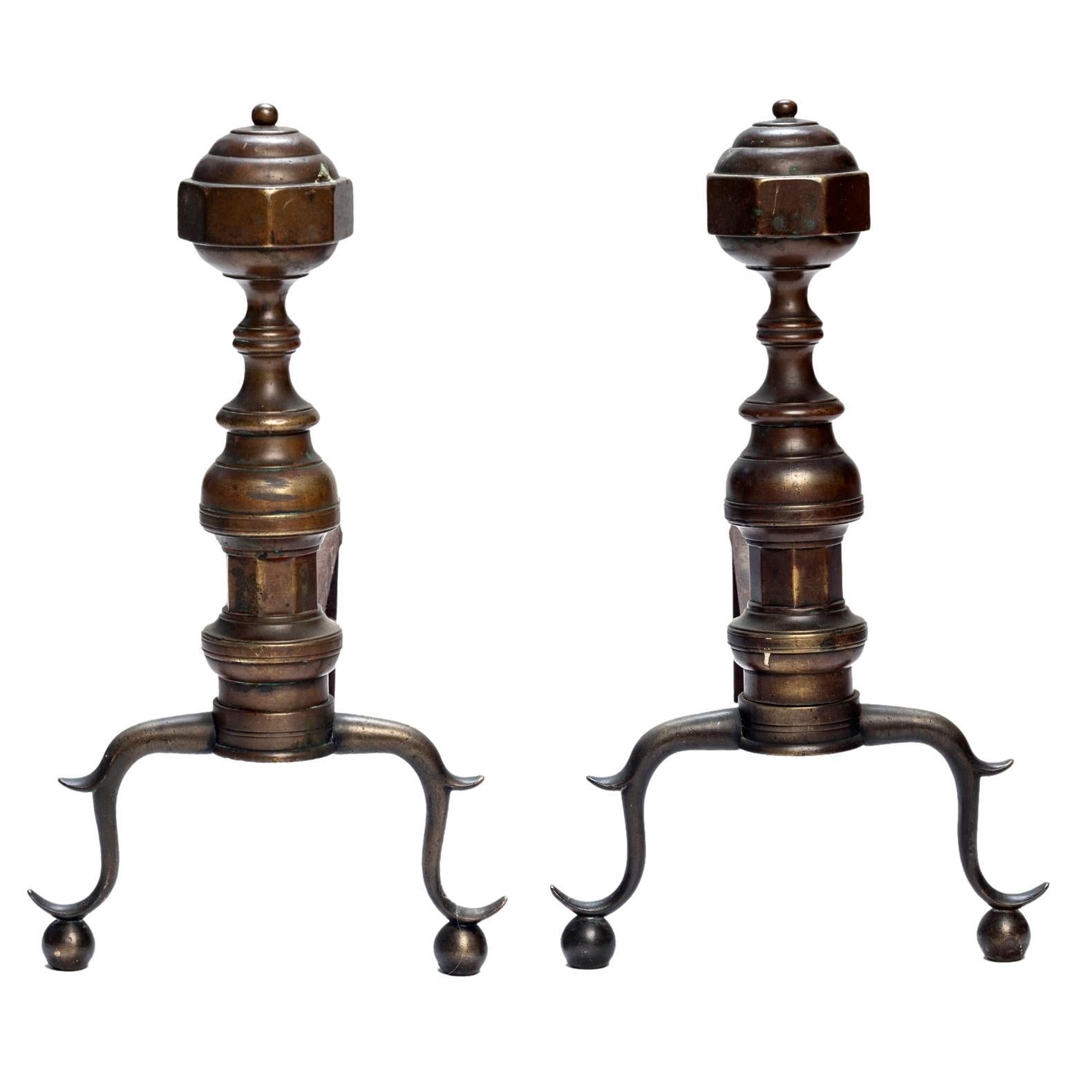 Mission Style Brass/Bronze & Iron Andirons For Sale