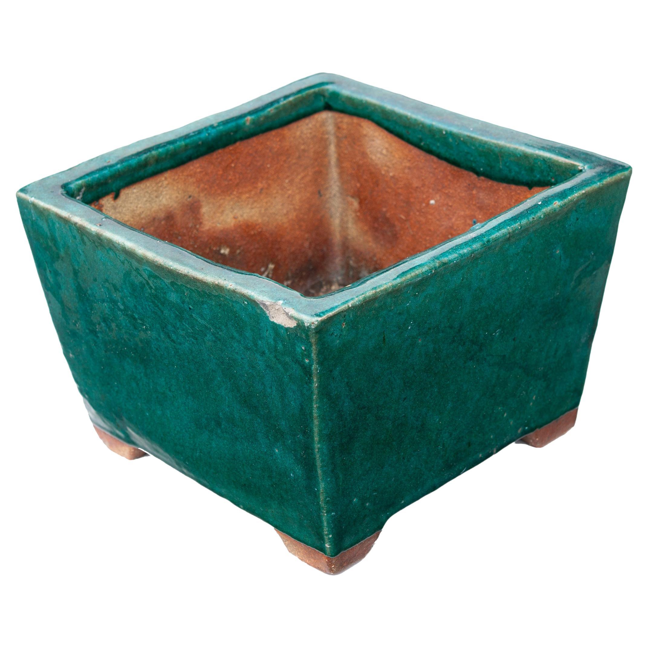 Smaragdgrüner Keramik-Pflanzkübel quadratisch  im Angebot
