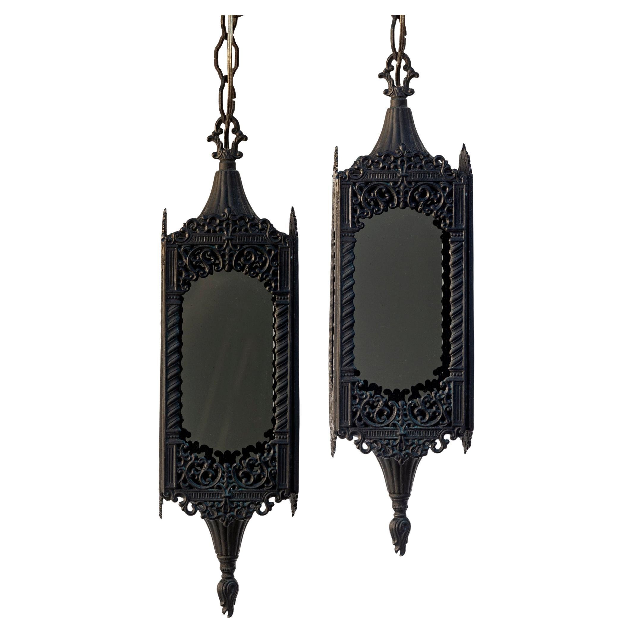 Mid-century Moorish Style Black Lanterns/Transparent Tinted Black Glass Panels For Sale