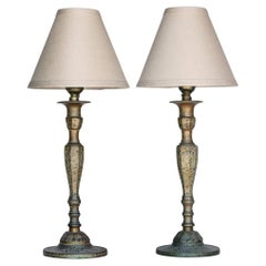Indonesian Etched Brass Candlestick Lamp with Linen Shades; a pair