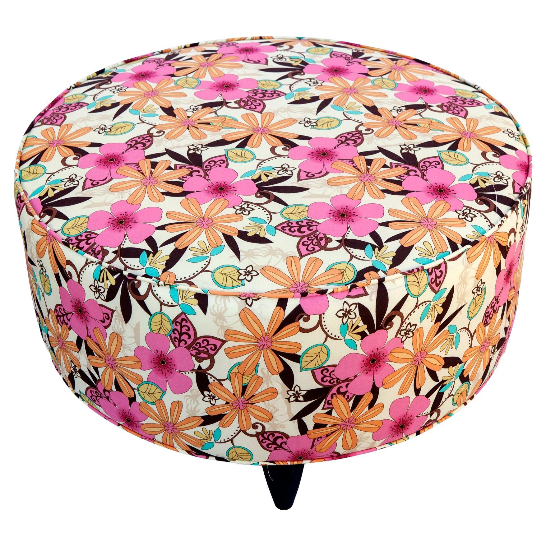 Large Round /1960
s Stool with "Flower Power" Floral Print For Sale