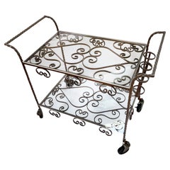 Mid-Century Modern Wrought Iron Bar Cart with Scrollwork, 1940s