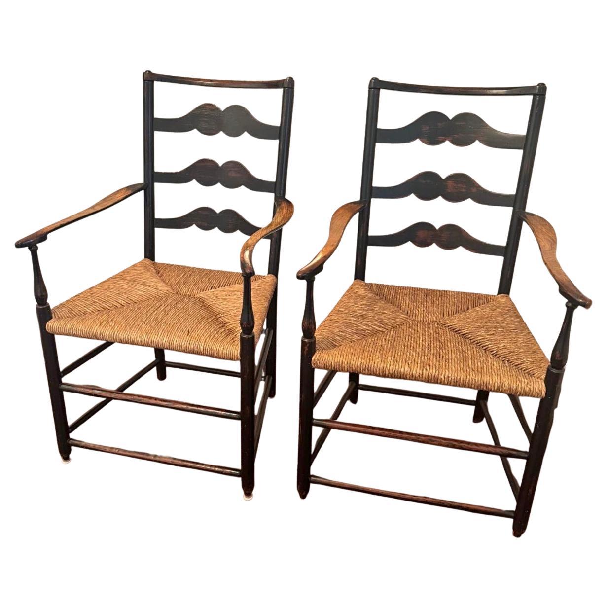 Mulligan "DeWinter Ladderback Armchairs with Handwoven Rush Seats; a pair en venta