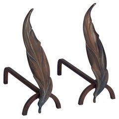 1950's Leaf Flame Bronze & Iron Andirons in the style of Neil Peper