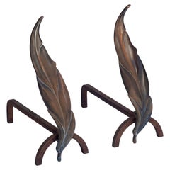1950's Leaf Flame Bronze & Iron Andirons in the style of Neil Peper