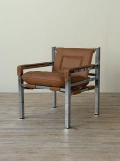 1970s Safari Style Chrome Armchair in Caramel Leather