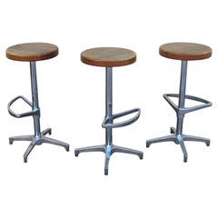 Set of 3 Mid-Century Modern Butcher Block & Chrome Swivel Bar Stools, 1970s