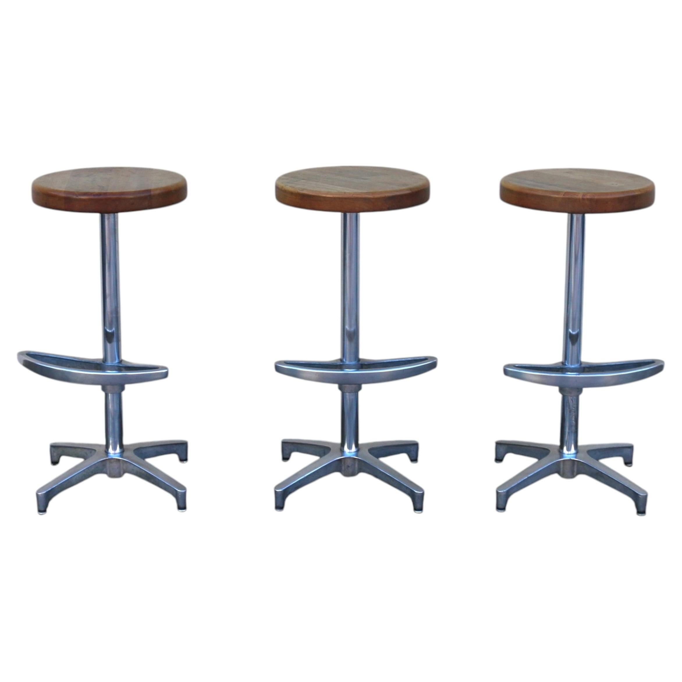 Set of 3 Mid-Century Modern Butcher Block & Chrome Swivel Bar Stools, 1970s For Sale